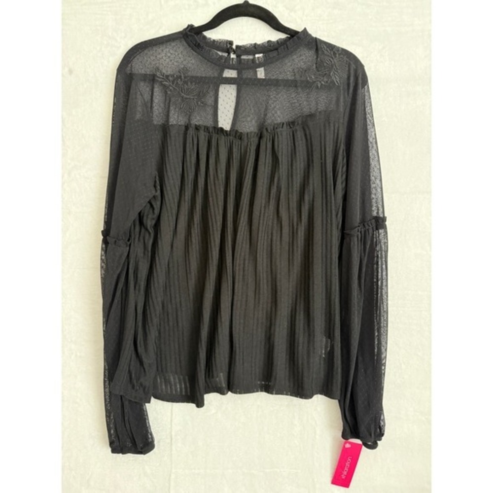 Xhilaration Womens Black Sheer Burnout Dot Mock Neck‎ Ruffled Peplum Blouse XL